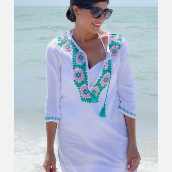 J. Crew Dresses & Skirts - J Crew White and Green Floral Embroidered Swim Cover-Up Tunic Beach